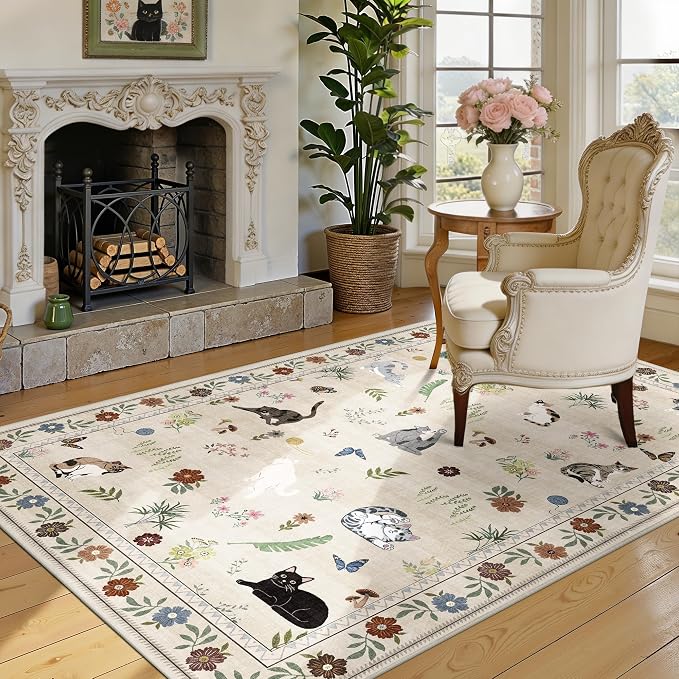 AIMPEAK 4x6 Washable Area Rug - Non Slip Low Pile Cat Floral Boho Medium Carpet for Living Room, Bedroom, Nursery, Girls' Room, Entryway, Farmhouse, Kids Playroom, Beige Multi