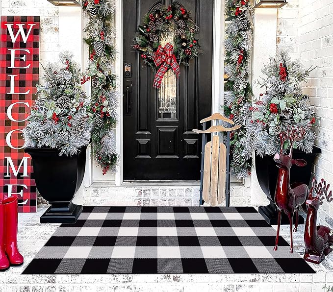 Buffalo Plaid Outdoor Rug 27.5''x 43.3''Black and White Checkered Rug Cotton Machine Washable Farmhouse Mat for Outdoor, Kitchen, Farmhouse, Entryway,Bathroom