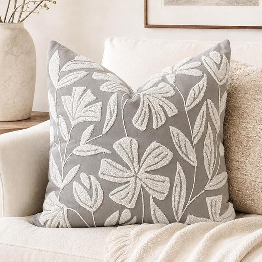 BlissBlush Throw Pillow Cover 20x20 Inch, Light Gray Floral Tufted Velvet Decorative Accent Pillow Case for Sofa Bed Living Room, Cover Only