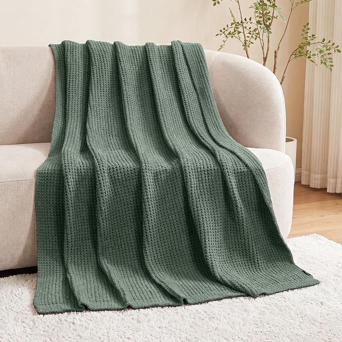 Waffle Knit Throw Blanket for Couch, Soft Cozy Chunky Knit Thick Knitted Blanket for Sofa, Bed, Gift for Women Girls Home Decor (Sage, Twin 60"x80")