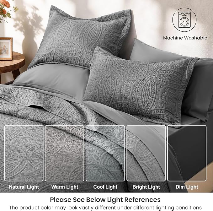 Love's cabin King Quilt Set Grey, Bed in a Bag King Size Bedding 7 Pieces, Ultrasonic Embossed Coin Pattern Comforter, Lightweight Bedspreads for All Seasons Quilt with Sheets, Pillowcases & Shams