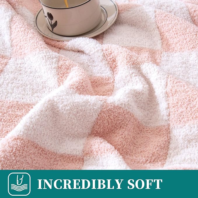 SeaRoomy Fuzzy Checkered Throw Blanket for Couch,Light Pink 60"X79" | Warm,Cozy,Fluffy,Lightweight,Gift for Women Couch Sofa Bed Room Decor