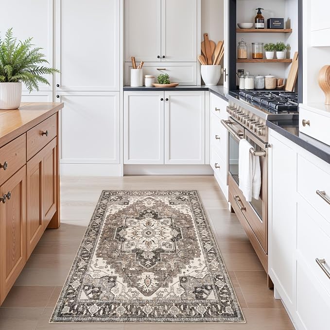 RUUGME Washable 3x4 Entryway Rug - Vintage Low Pile Area Rugs Non-Slip Stain Resistant Carpet for Entrance Kitchen Hallway Soft Thin Indoor Floor Decor Mat for Bedroom Front Door Bathroom(Beige,3x4)