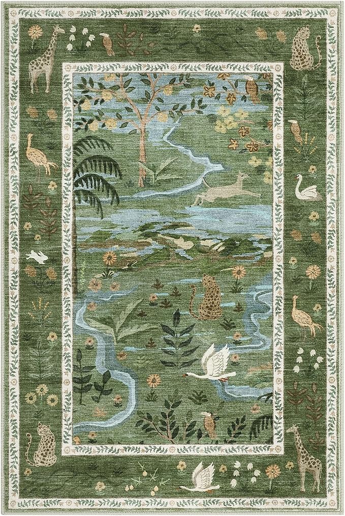 2x3 Washable Area Rug for Entryway Non Slip Safari Nursery Rug Green Kids Room Rugs Low Pile Stain Resistant Jungle Animal Print Rugs Small Throw Mat for Living Room Bedroom Girls Room, Green