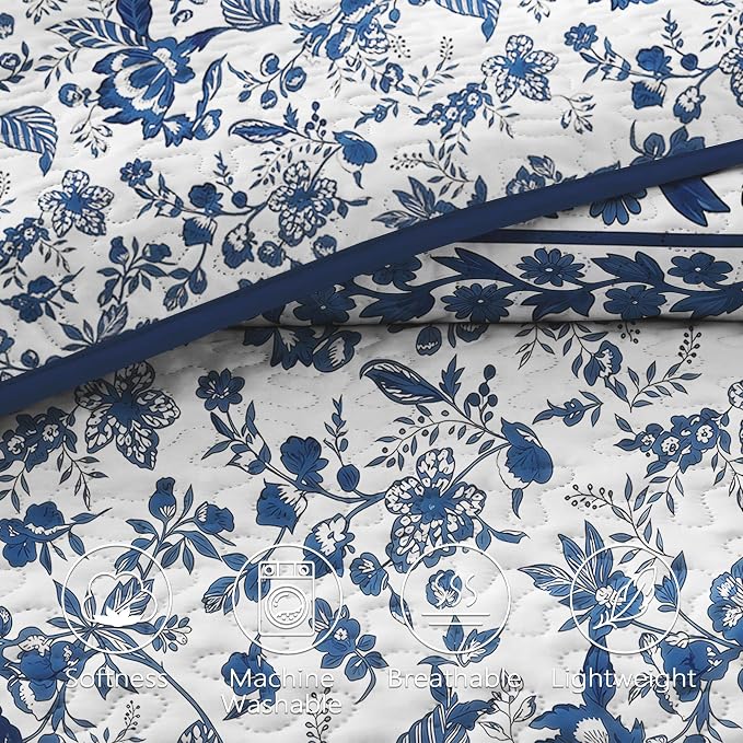 FLYMME Blue and White Vintage Floral Quilt Set Full/Queen Size, 3-Piece Classic Reversible Bedspread Coverlet with 2 Pillow Shams, Lightweight Botanical Bedding Set for All Season