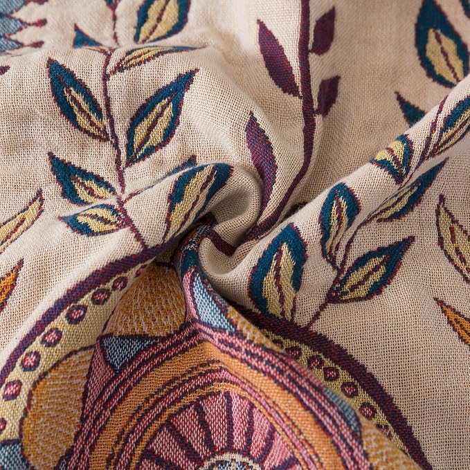 Phuryllic Boho Throw Blanket Throw Size, Soft Cozy Cotton Muslin Quilt Blanket for Bed Decor, Floral Patterned Couch Sofa Chair Cover, Vintage Farmhouse Cottage Tapestry Woven Blanket, Beige&Blue