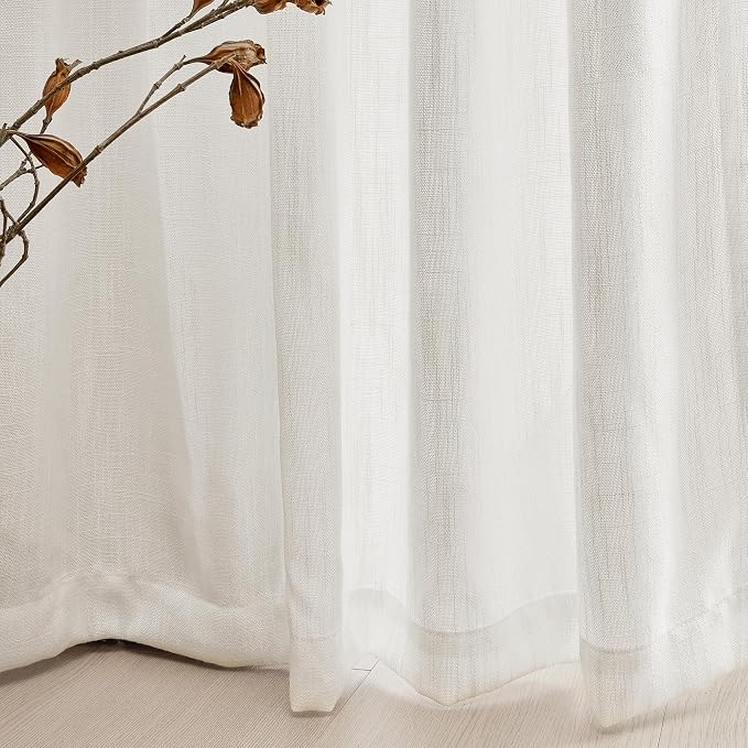 MYSKY HOME Extra Long Curtains for Living Room, Soft Cotton Fabric Boho Window Curtain Drapes Light Filtering Semi Sheer Backdrop Panels, Beige White, 50 x 102 Inches, 2 Pieces