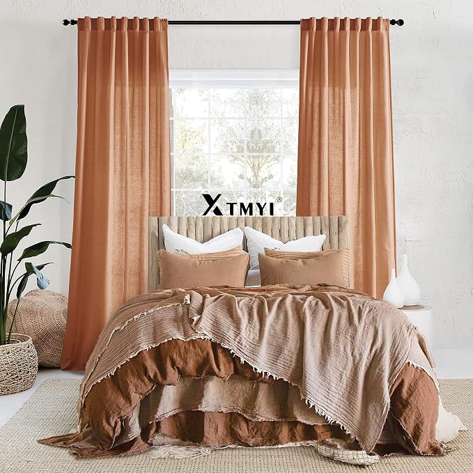 XTMYI 84 Inches Long Terracotta Country Curtains for Living Room,Sheer Linen Curtains for Bedroom 70 Inches Wide