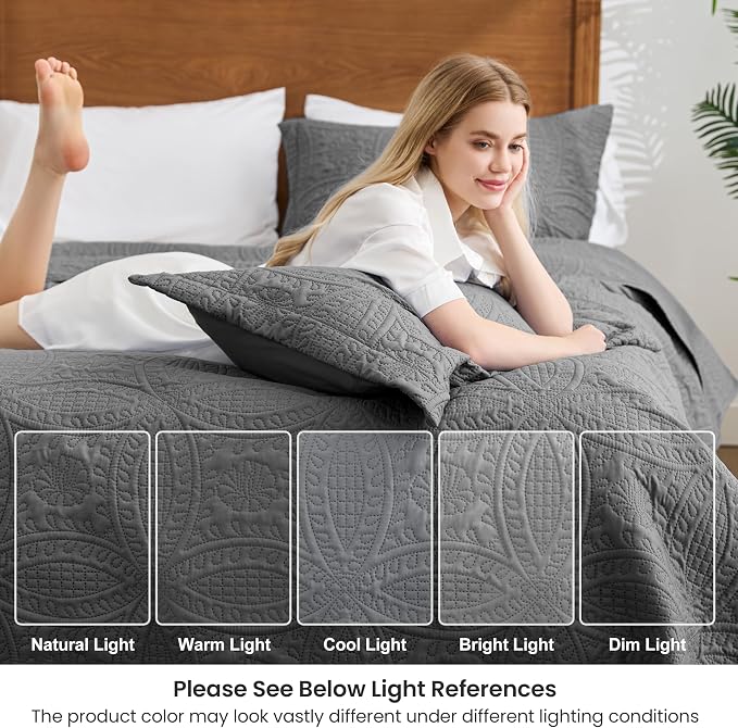 Love's cabin Oversized King Size Quilt Bedding Set Dark Grey Bedspreads - Oversized King Lightweight Bedspread Comforter - Coin Pattern Coverlet for All Season - 3 Pieces (1 Quilt, 2 Pillow Shams)