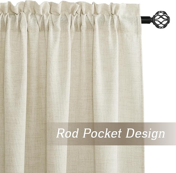 RYB HOME Living Room and Dining Room Curtains 120 inches Long | Light Filtering, Weave Textured, Rod Pocket, Cream Colored, W52 x L120, 2 Panels Set