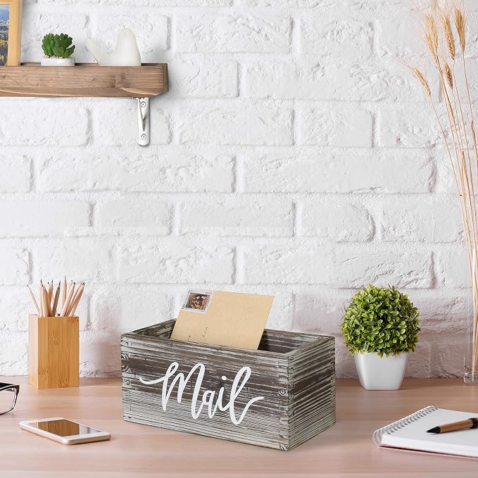 MyGift Torched Wood Mail Holder Organizer, Desktop Letter Storage Box