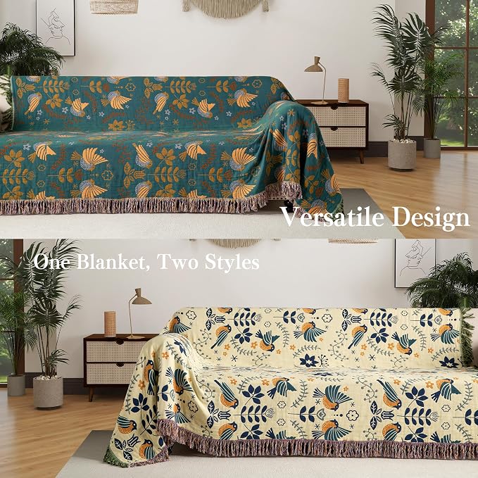 Phuryllic Boho Throw Blanket Queen Size, Oversized Soft Cozy Cotton Muslin Quilt Blanket for Bed Decor, Bird Patterned Couch Sofa Chair Cover, Vintage Farmhouse Cottage Woven Blanket, Green&Beige