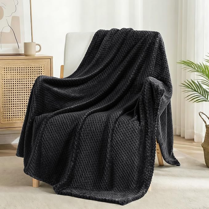 Exclusivo Mezcla Soft Waffle Fleece Bed Blanket Queen Size, Black | Lightweight Plush Blanket for Bed, Bedroom, Cozy Flannel with Waffle Texture, Stylish Home Decor, All Season, 90x90 Inches