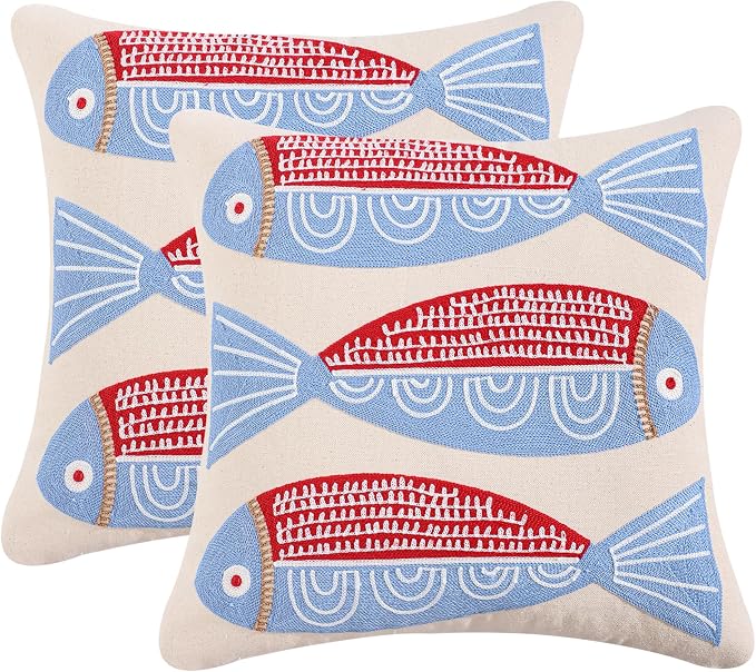 LUOYEHK Summer Embroidered Throw Pillow Covers 18x18 Inch Pack of 2 Coastal Canvas Beach Cushion Covers for Couch Sofa Bed Living Room (Red Fish)