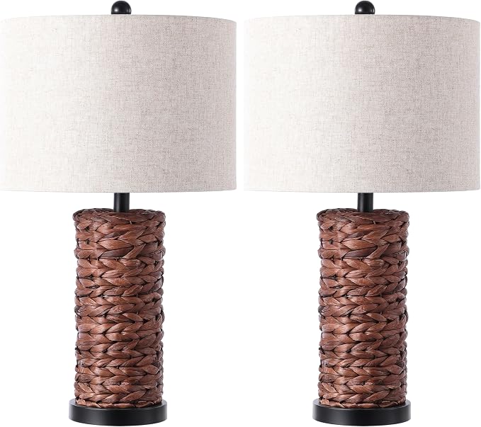 JONATHAN Y Elicia 25" Water Hyacinth Table Lamp, Dark Brown, Set of 2