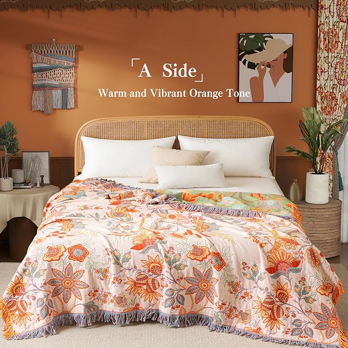 Phuryllic Boho Throw Blanket Twin Size, Soft Cozy Cotton Muslin Quilt Blanket for Bed Decor, Floral Patterned Couch Sofa Chair Cover, Vintage Farmhouse Cottage Tapestry Woven Blanket, Coral&Green
