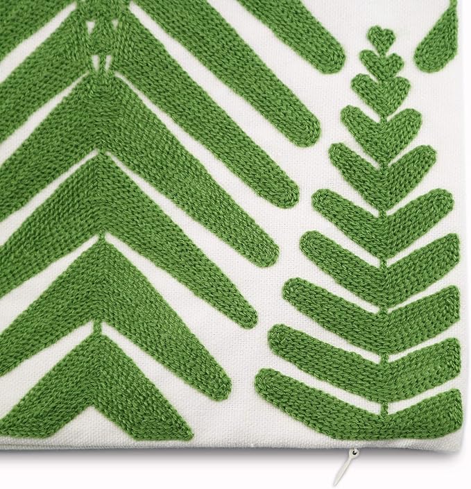 Tropical Leaf Embroidery Throw Pillow Covers 18x18 Inches Decorative Floor Pillow Cover for Couch Green Leaf 100% Cotton Cushion Cover Symmetric Palm Leaves Embroidered 45x45cm, 1 Piece