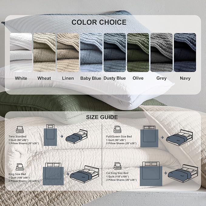 WDCOZY 100% Cotton Queen Size Quilt Set - Light Blue Striped Pick Stitch Soft Lightweight Bedspread, Textured Like Linen, Farmhouse Country Rustic Coverlet, Shabby Chic Gauze Bedding, 3 Pieces