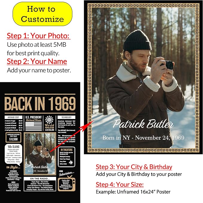 Personalized 56th Birthday Party Decorations Men, Women, Him, Her - Custom Gifts Idea For 56 Years Old, Back In The Year You Born Newspaper For 56th Birthday Poster No Frame Black Gold