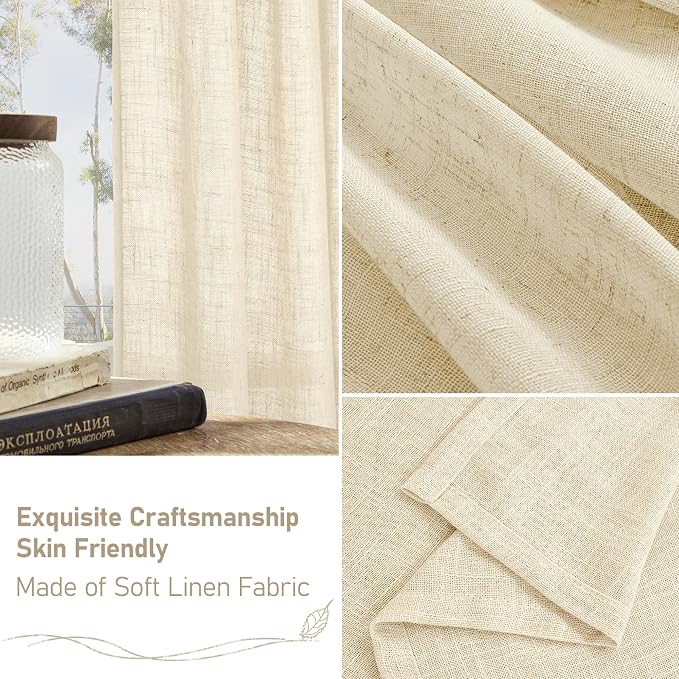 48 Inch Length Beige Sheer Linen Curtains for Windows 2 Panels Set | Linen Textured, Light Filtering Drapes, Boho, Curtains for Kitchen, Farmhouse, RV, Camper, Loft, Bronze Grommet, 34 x 48 Inch