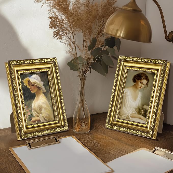 eletecpro 3x4 Vintage Picture Frame, Glass Cover, Gold, 2-Pack