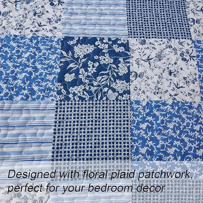 Mybedsoul Blue Quilt Set California King, Patchwork Floral Bedding Set | Soft Lightweight Microfiber Coverlet Set, 3 Pieces Plaid Reversible Bedspread, Bed Sets for All Seasons 110"x96"