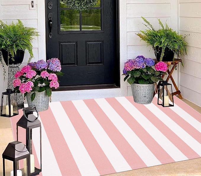 BUAGETUP Outdoor Rug 3'x 5',Pink Striped Area Rug Hand-Woven Cotton Washable Rug Indoor/Outdoor Area Rug Floor Mat for Farmhouse Living Room Bedroom