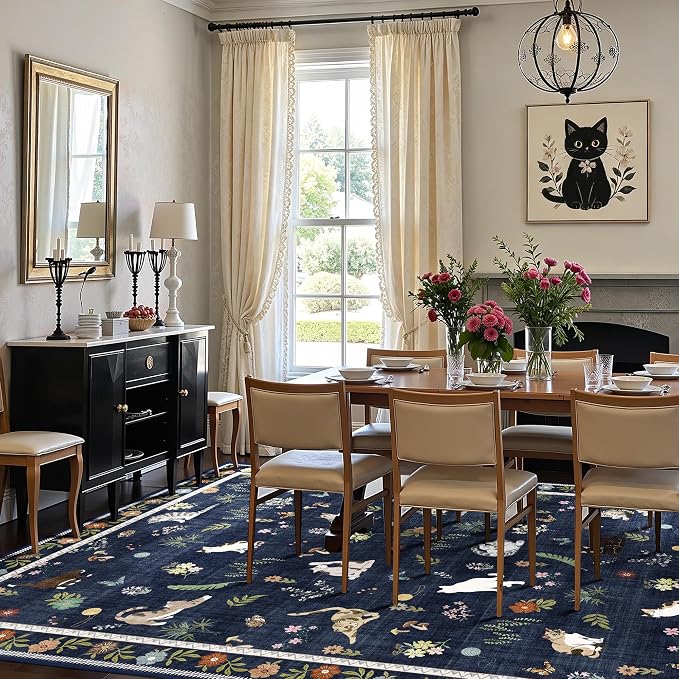 AIMPEAK Large 8x10 Washable Area Rug - Non Slip Low Pile Cat Floral Vintage Boho Large Carpet for Living Room, Bedroom, Farmhouse, Dining Room, Nursery, Girls Room, Kids Playroom, Navy Blue Multi