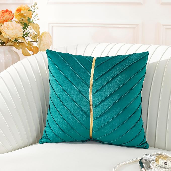 TAOSON Teal Gold Leather Velvet Throw Pillow Covers, 18"x18", Pack of 2 | Gold Leather Decorative, Cushion Cases, Spring Summer, Sofa Couch Living Room Décor