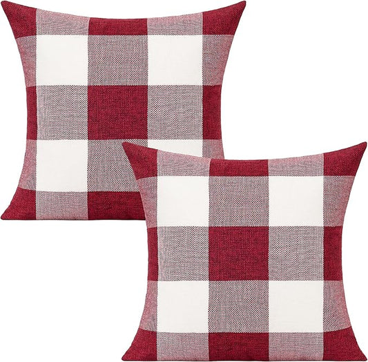 VAKADO 16x16 Inches Set of 2 Christmas Red and White Buffalo Check Plaid Throw Pillow Covers Farmhouse Decorative Square Burgundy Cushion Cases for Sofa Couch Bedroom Valentine Home Décor
