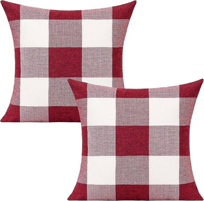 VAKADO 20x20 Pack of 2 Farmhouse Retro Check Plaids Throw Pillow Covers Christmas Valentine Decorative Buffalo Rustic Cushion Cases for Sofa Bed Couch, Red White