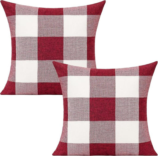 VAKADO 20x20 Pack of 2 Farmhouse Retro Check Plaids Throw Pillow Covers Christmas Valentine Decorative Buffalo Rustic Cushion Cases for Sofa Bed Couch, Red White