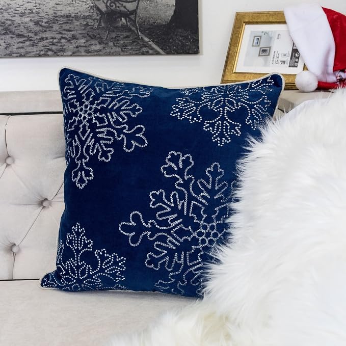 Embroidery Blue Velvet Throw Pillow Cover, Merry Christmas Series Snowflake Luxury Soft Fuzzy Cozy Warm Slik Gift Square Couch Cushion Pillow Case 20 x 20 Inch, Cover Only