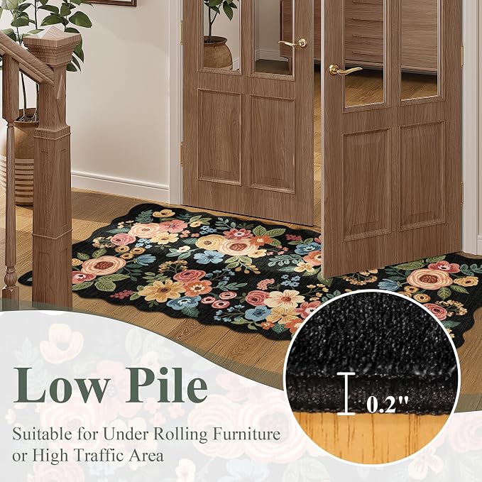 DUKINO 2x4 Rug for Entryway, Floral Washable Kitchen Rugs Non Slip, Black | Soft, Low Pile, Stain Resistant Throw Runner Rug for Hallway, Bedroom, Bathroom, Laundry, Pet Friendly, Modern Home Decor