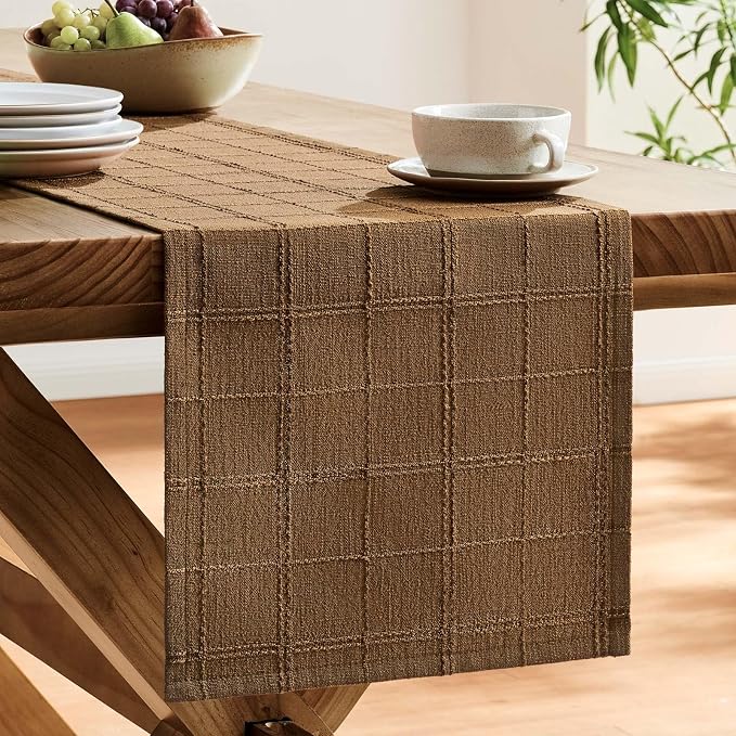 ZeeMart Linen Checked Farmhouse Table Runner, 13x36 Inches Roasted Brown | Raised Grid Design, Rich Woven Texture, Linen Blend Table Runners 36 Inches Long, Machine Washable, Boho Home Kitchen Decor
