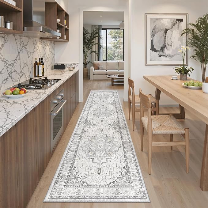 Madane Hallway Runner Rug 2x8 Washable Kitchen Rugs Non-Slip, Grey | Vintage Machine Washable Low-Pile Floor Carpet 8ft, Soft Ultra-Thin Throw Entry Foyer Mat for Entrance Laundry Living Room