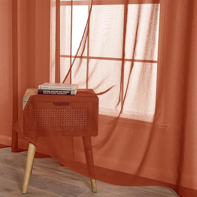 MIULEE Boho Fall Terracotta Linen Textured Sheer Curtains 54W×108L 2 Panels | Semi Transparent, Farmhouse, Window Net Panels with Rod Pocket for Bedroom Living Room
