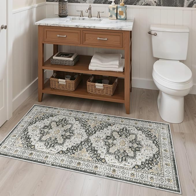 Madane Washable Area Rug 2x4, Small Entryway Rugs Non-Slip, Black | Vintage Printed Door Mat Indoor Entrance, Low-Pile Floor Carpet Runner for Inside Front Bedroom Kitchen Entry Laundry, Stair
