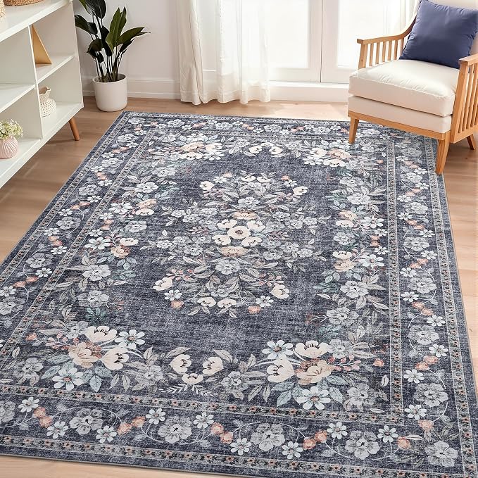 GarveeHome Washable 3x5 Vintage Area Rug for Living Room Bedroom | Boho Botanical Throw Floor Carpets Non-Slip Flower Bordered Accent Mats Floral Area Rugs for Dining Room Office Hallway Blue