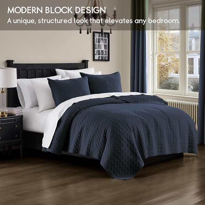 palassio Navy Blue 100% Cotton Quilt California Cal King Size Bedding Sets with 2 Pillow Shams, Oversized Lightweight Bedspread Shabby Chic Coverlet, Soft Bed Cover for All Season, 3 Pieces