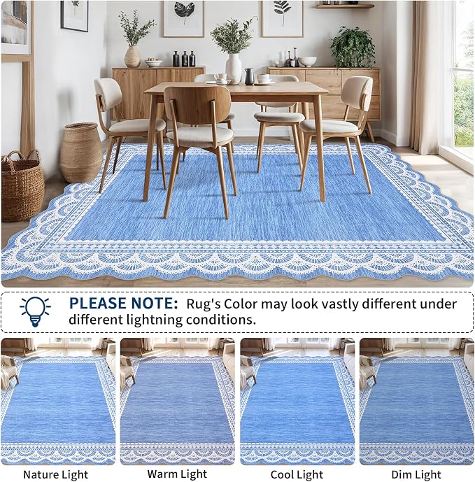 COZYLOOM 9x12 Scalloped Lace Border Area Rug for Bedroom, Large Living Room Rugs with Non Slip Backing, Modern Solid Stain Resistant Rugs Non Shedding Low Pile Mats for Bedroom, Dining Room, Blue