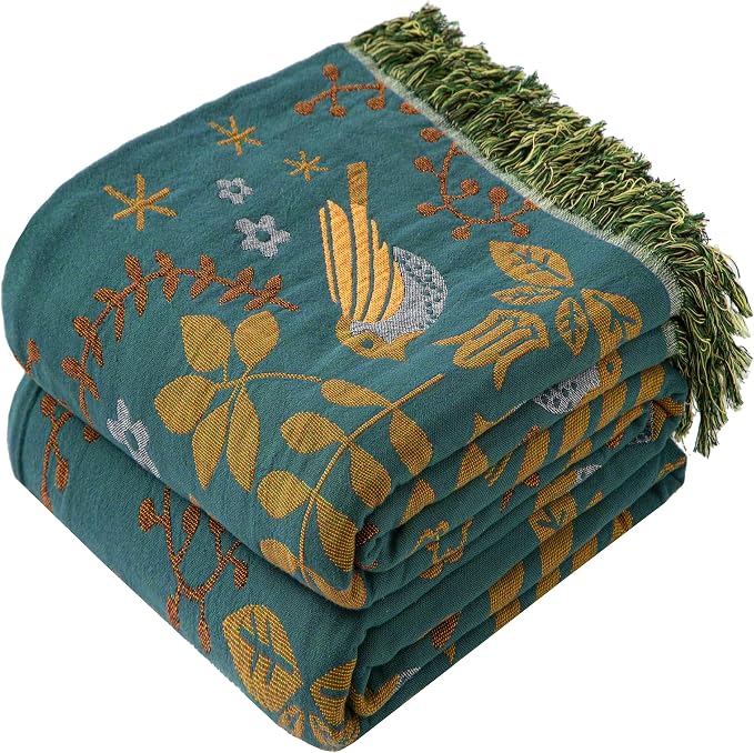 Phuryllic Boho Throw Blanket Throw Size, Soft Cozy Cotton Muslin Quilt Blanket for Bed Decor, Bird Patterned Couch Sofa Chair Cover, Vintage Farmhouse Cottage Tapestry Woven Blanket, Green&Beige