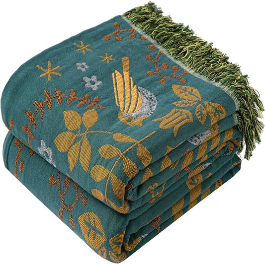 Phuryllic Boho Throw Blanket Queen Size, Oversized Soft Cozy Cotton Muslin Quilt Blanket for Bed Decor, Bird Patterned Couch Sofa Chair Cover, Vintage Farmhouse Cottage Woven Blanket, Green&Beige