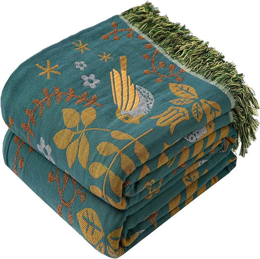 Phuryllic Boho Throw Blanket Twin Size, Soft Cozy Cotton Muslin Quilt Blanket for Bed Decor, Bird Patterned Couch Sofa Chair Cover, Vintage Farmhouse Cottage Tapestry Woven Blanket, Green&Beige