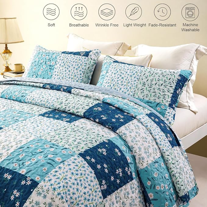 Whale Flotilla Patchwork Quilt King Size, Extra Soft Floral Bedspreads | Blue Reversible Lightweight King Quilt Bedding Set for Bed, Printed Coverlets with 2 Pillow Shams for All Seasons