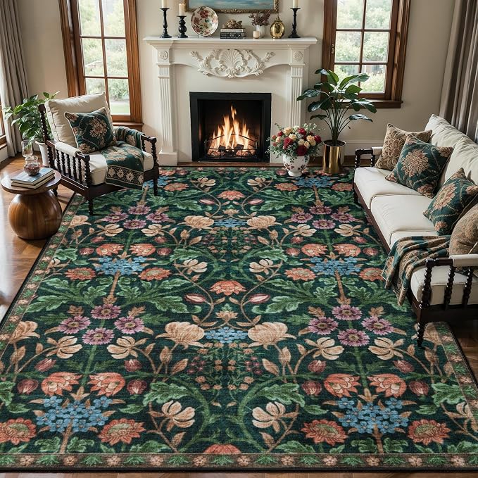 Ciicool 6x9 Washable Area Rugs for Living Room，Non-Slip Large Floral Rug | Boho Carpet for Bedroom Dining Room Farmhouse Nursery Home Office Playroom、Low Pile Carpets