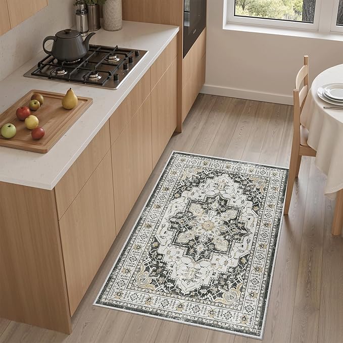 Madane Washable Area Rug 2x3 Small Entryway Rugs Non-Slip, Black | Vintage Stain-Resistant Door Mat Indoor Entrance, Low Pile Floor Carpet for Inside Front Bedroom Kitchen Entry Laundry, Stair