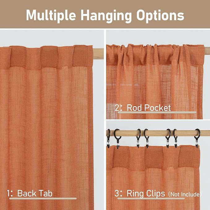 95 Inches Long Linen Curtains for Living Room, Semi Sheer Panels | Light Filtering, Privacy, Drapes for Bedroom, Dining Room, Rod Pocket Back Tab, Burnt Orange, Set of 2, 52 x 95 Inch