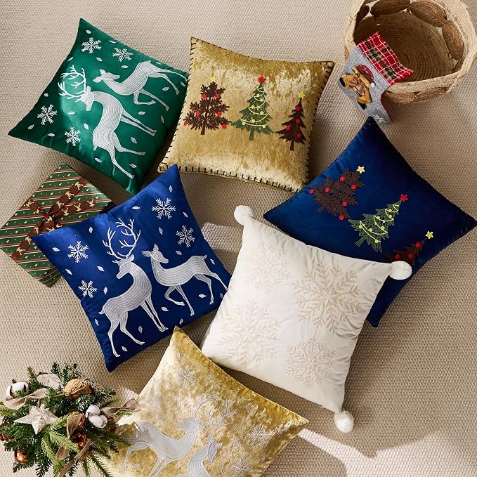 KINDREX Christmas Deer Snowflake Throw Pillow Covers 18x18 Set of 2 Winter Holiday Decorative Navy Blue Embroidered Luxurious Soft Velvet Accent Pillowcase for Sofa Couch Bed Living Room Home Decor