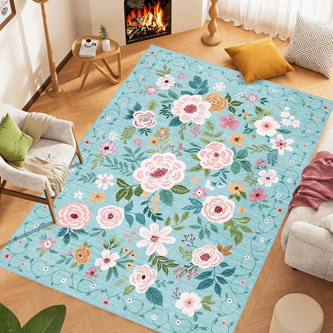 DUKINO 6x9 Area Rugs, Floral Washable Rug for Bedroom Non Slip, Teal | Soft, Low Pile, Large Indoor Rug for Living Room, Dining Room, Kids Room, Office, Pet Friendly, Home Decor, Stain Resistant
